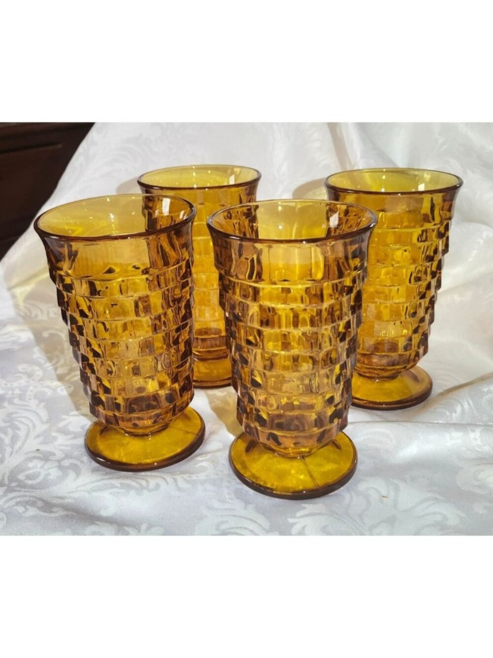 Set Of 4 Vintage Colony Whitehall Amber Glass Footed Iced Tea Tumblers - Picture 2 of 10
